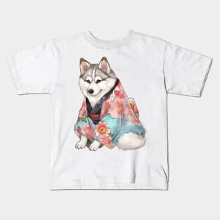 Watercolor Siberian Husky Dog in Kimono Kids T-Shirt